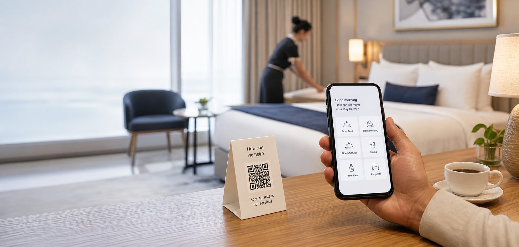 Tamu hotel scan kode QR untuk membuka layanan kamar melalui ponsel
